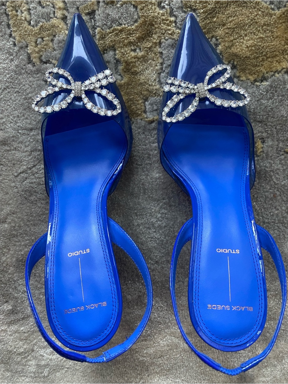 Black Suede Studio: Blue Clear Push-in Slingback Pumps w Sparkling Crystal Bow